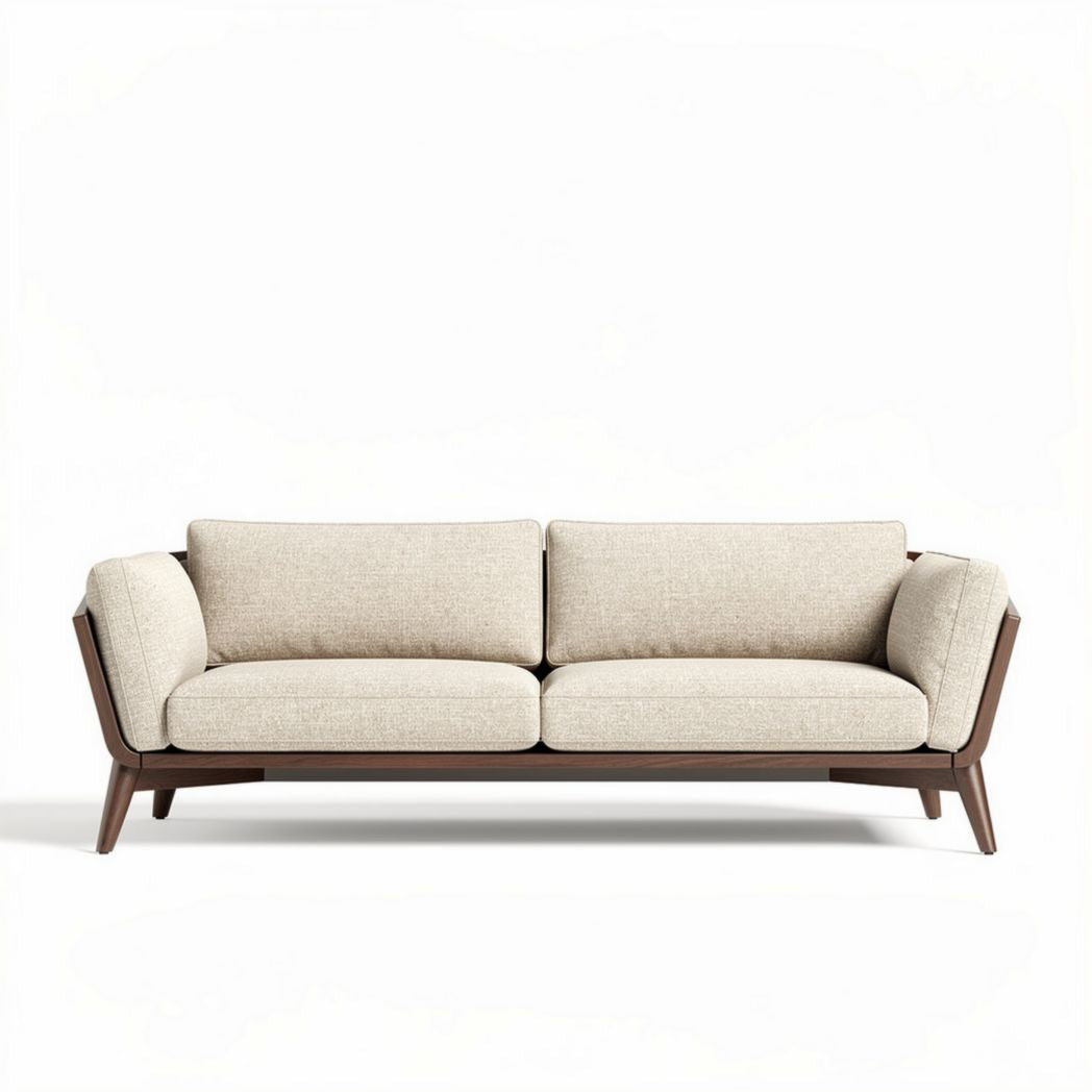Tweekleurige stoffen bank met een houten frame 200 x 85 x 75cm
