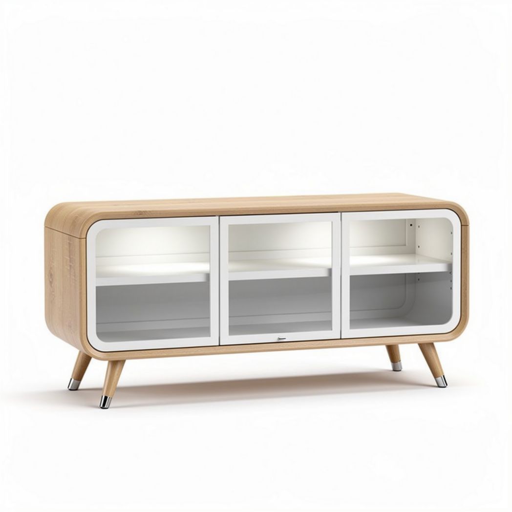 Glazen kast van hout met opbergfunctie en een afmeting van 150 x 40 x 70cm