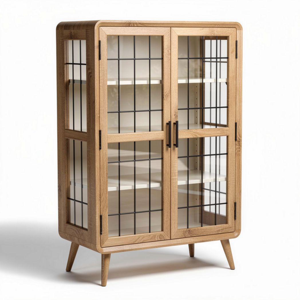 Houten vitrinekast met glazen deuren en metalen greep 80 x 40 x 120cm