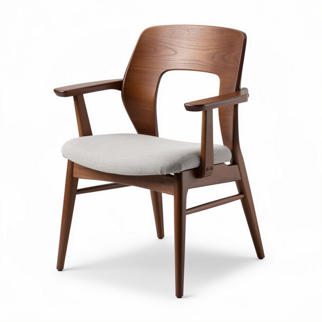 Houten stoel met armleuningen en bekleding in lichte kleur 45 x 55 x 80cm