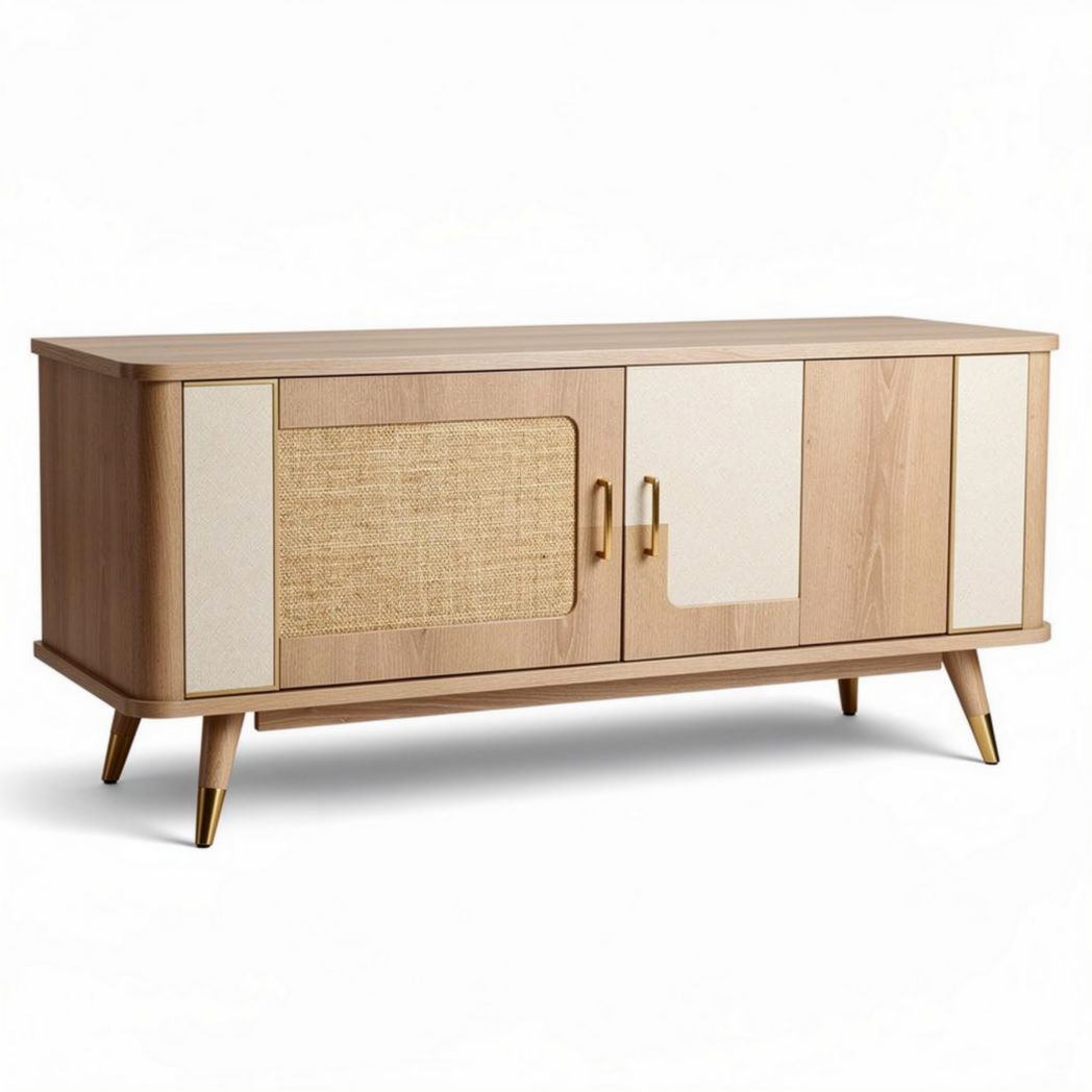Houten tv-meubel met rieten deurtje afmetingen 160 x 45 x 70cm