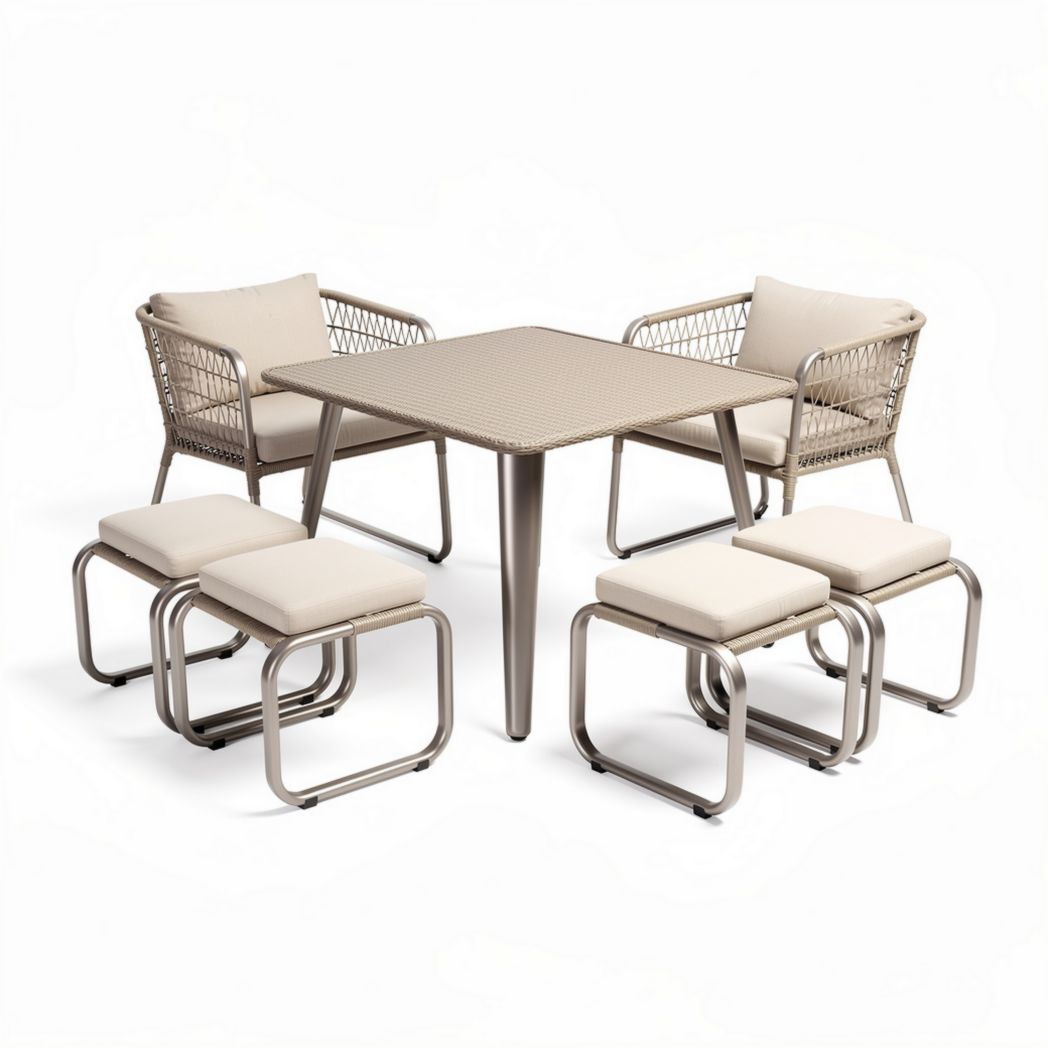 Eetset van 6 personen met aluminium frame en stoffen kussens 150 x 150 x 75cm