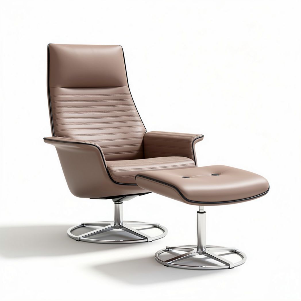 Leren relaxstoel met ottoman in bruin en metalen voet 80 x 80 x 100cm
