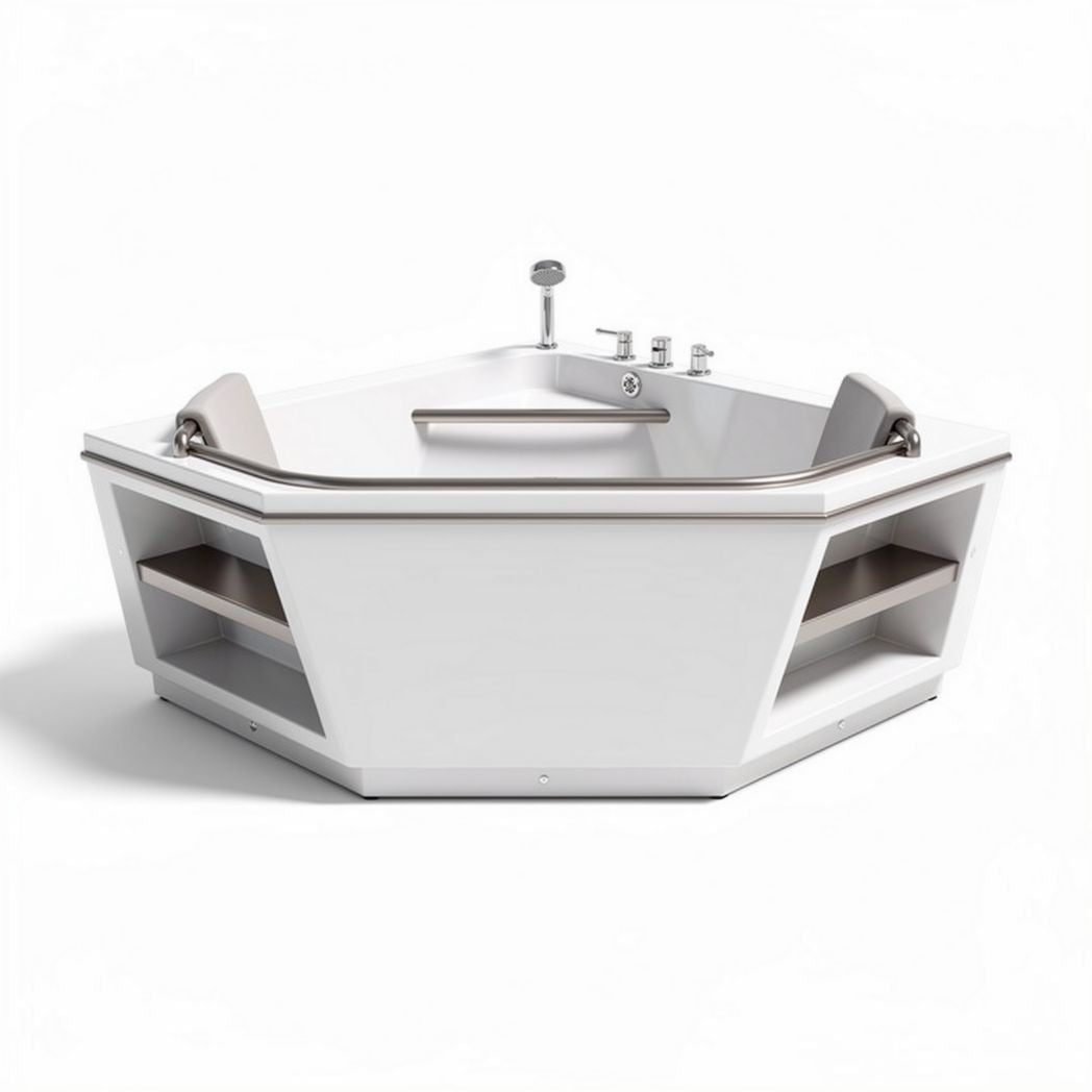Hoekbad met hydromassage van acryl in wit met opbergplanken 150 x 150 x 60cm