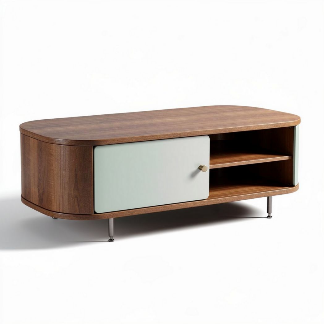 Salontafel van hout met schuifdeur en open vakken 120 x 60 x 40cm
